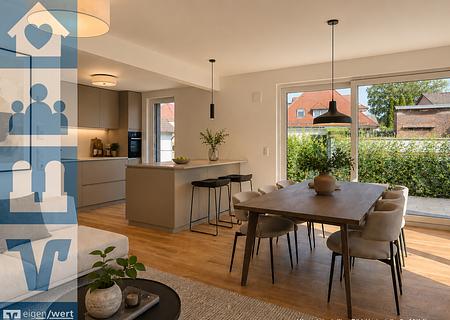 Nachhaltig wohnen in Markt Schwaben – bezugsfertige, moderne Doppelhaushälfte mit Qualitätssiegel - Offene Küche (digitales Staging mit KI)
