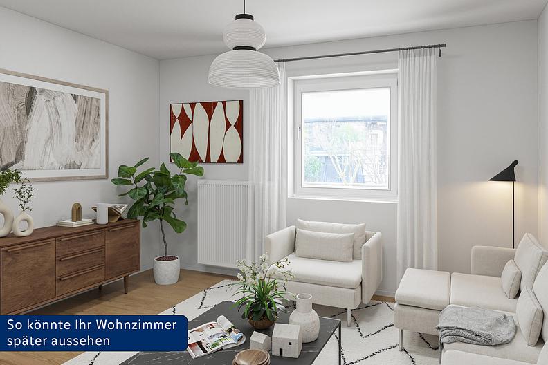 Doppelhaushälfte mit großem Garten und Stellplatz in Miltenberg - EG Wohnzimmer-Visualisierung Musterbeispiel