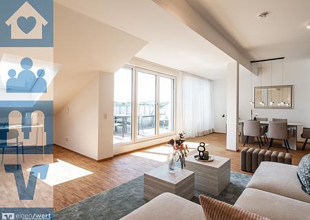 Jetzt bezugsfertig: Moderne Dachgeschosswohnung mit Loggia in Markt Schwaben - Wohnbereich Blick Terrasse (Musterwohnung) Wasserzeichen