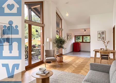 Campus, Forschung, Karriere: Attraktives Dachgeschoss-Appartement in Planegg - Möblierter Wohn- und Schlafbereich mit Balkonzugang und offener Küche (KI-Visualisierung) 